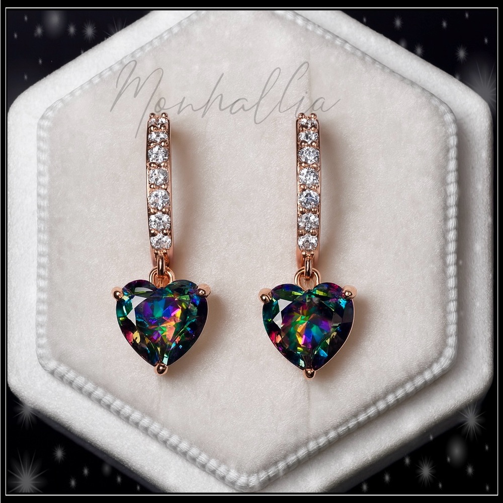 NEW 925 ROSE GOLD SIMULATED MYSTIC TOPAZ DIAMOND HEART HUGGIE EARRINGS